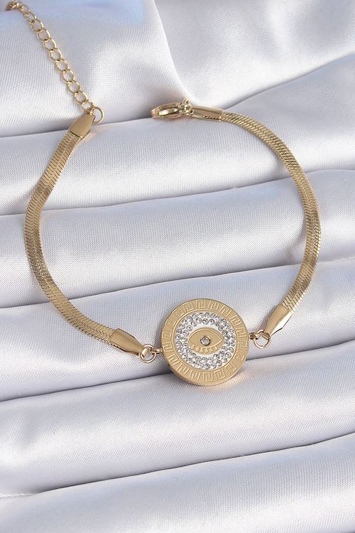 YRTCL 316L Çelik Gold Renk İtalyan Zincir Zirkon Taşlı Göz İşlemeli Madalyon Model Kadın Bileklik