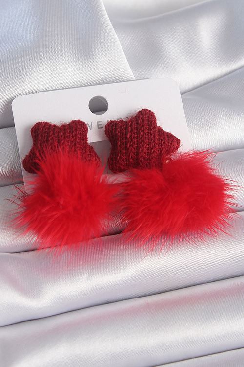 YRTCL Kırmızı Renk Tüylü Yıldız Ponpon Model Kadın Küpe