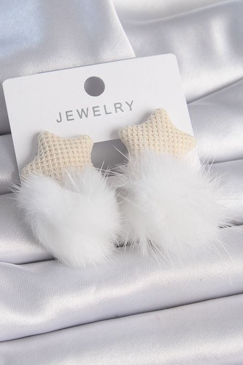 YRTCL Beyaz Renk Tüylü Yıldız Ponpon Model Kadın Küpe