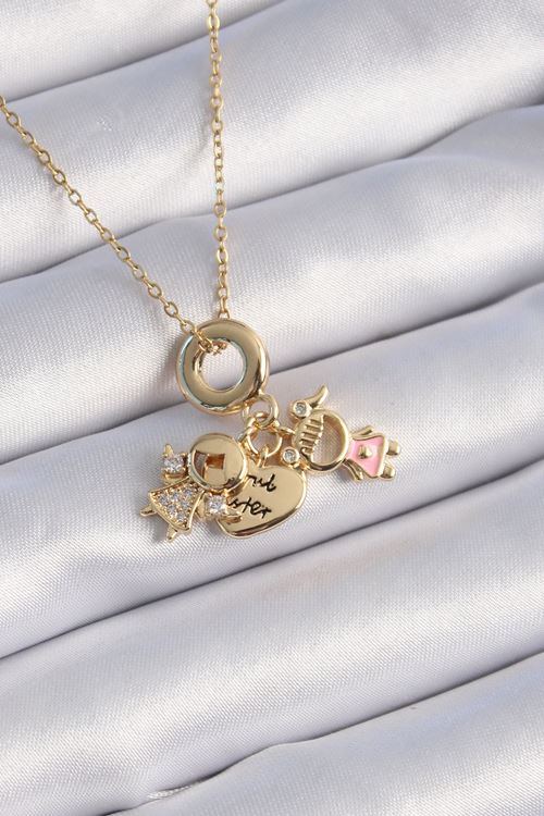 YRTCL 316L Çelik Gold Renk Zirkon Taş Detay Çocuk Figür Charm Model Kadın Kolye