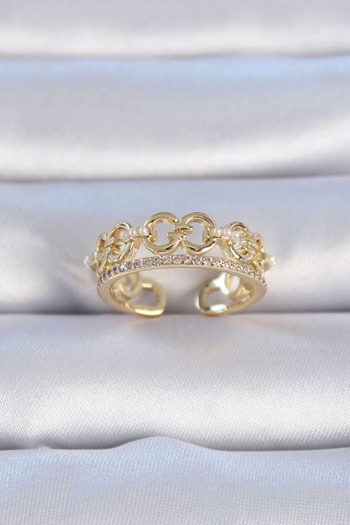 YRTCL Pirinç Gold Renk Zirkon Taşlı İnci Detay Kadın Yüzük