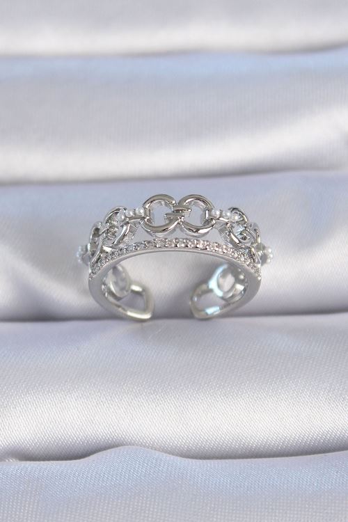 YRTCL Pirinç Gümüş Renk Zirkon Taşlı İnci Detay Kadın Yüzük