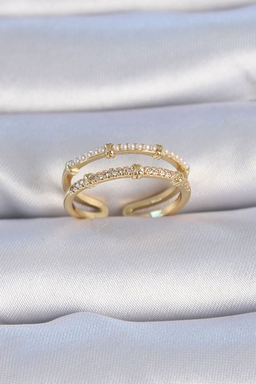 YRTCL Pirinç Gold Renk Zirkon Taşlı İnci Detay Kadın Yüzük