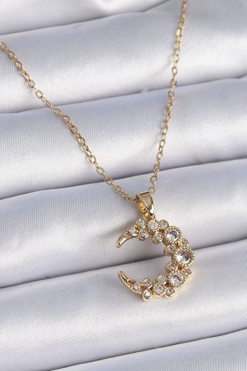 YRTCL 316L Çelik Zincir Gold Renk Zirkon Taşlı Hilal Model Kadın Kolye