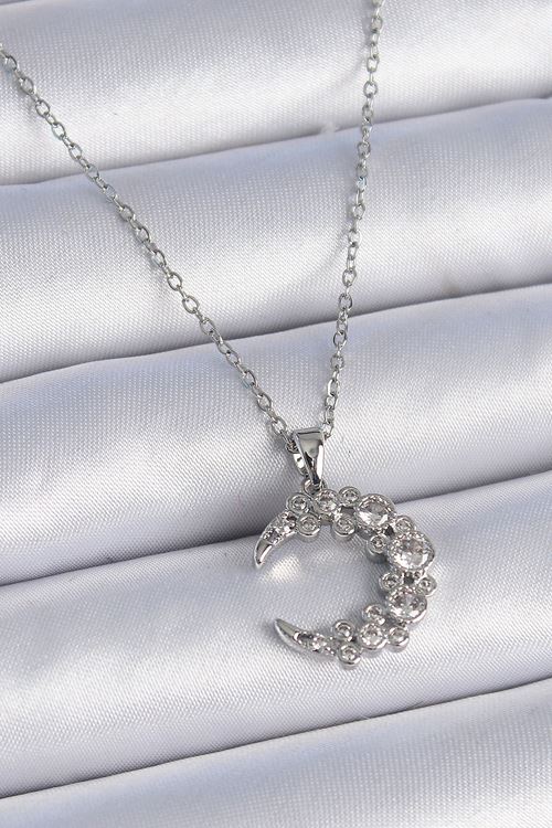 YRTCL 316L Çelik Zincir Gümüş Renk Zirkon Taşlı Hilal Model Kadın Kolye