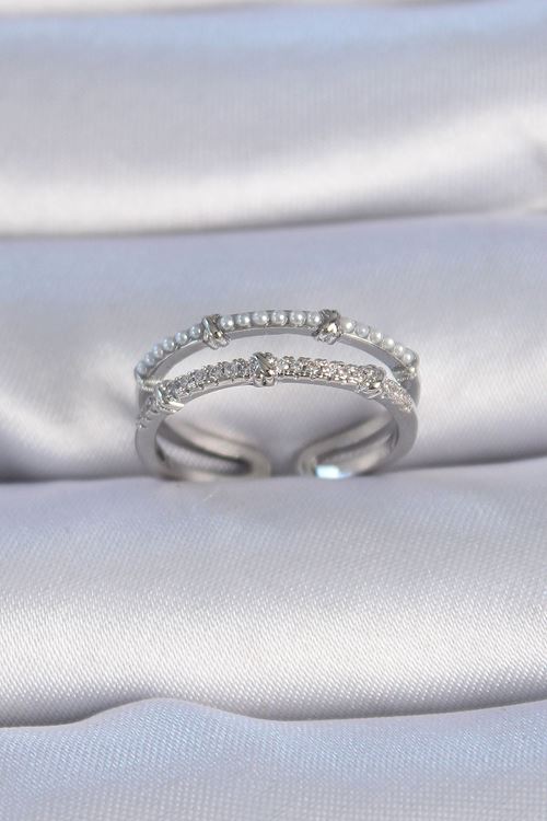 YRTCL Pirinç Gümüş Renk Zirkon Taşlı İnci Detay Kadın Yüzük