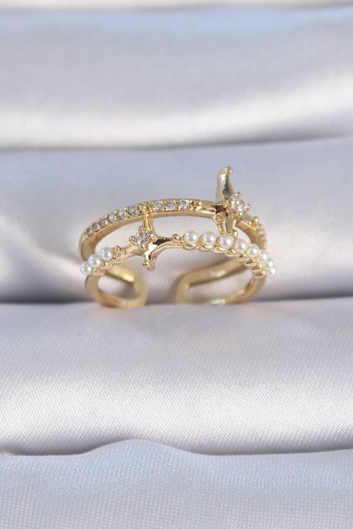 YRTCL Pirinç Gold Renk Zirkon Taşlı İnci Detay Kutup Yıldızı Model Kadın Yüzük