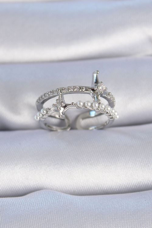 YRTCL Pirinç Gümüş Renk Zirkon Taşlı İnci Detay Kutup Yıldızı Model Kadın Yüzük