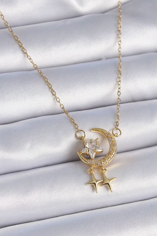 YRTCL 316L Çelik Zincir Gold Renk Zirkon Taşlı Hilal Model Yıldız Detay Kadın Kolye
