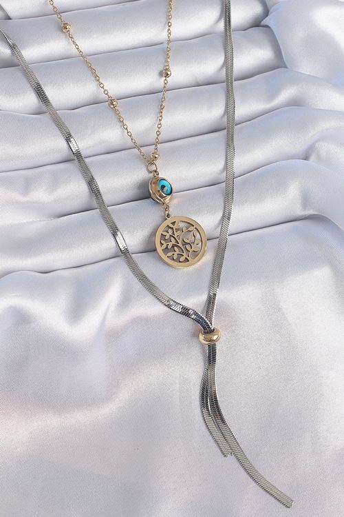 YRTCL 316L Çelik Mix Renk Filiz Figür Nazar Boncuk Detay Uzun Kadın Kolye