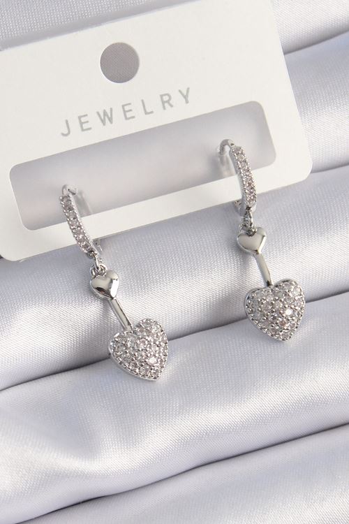 YRTCL Pirinç Gümüş Renk Zirkon Taşlı Sallantı Kalp Model Kadın Küpe