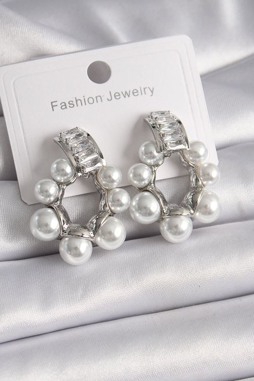 YRTCL Pirinç Gümüş Renk Su Yolu Zirkon Taşlı İncili Halka Model Kadın Küpe