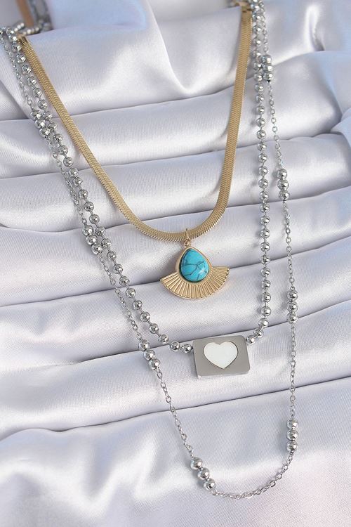 YRTCL 316L Çelik Mix Renk 3'lü Zincir Damla Madalyon Figür Uzun Kadın Kolye