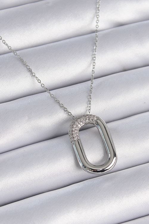 YRTCL 316L Çelik Zincir Gümüş Renk Zirkon Taşlı Oval Halka Model Kadın Kolye