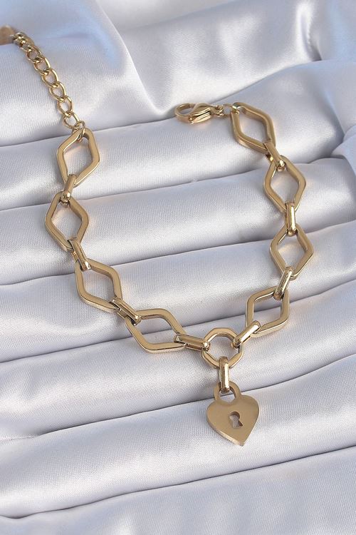 YRTCL 316L Çelik Gold Renk Zincir Model Kilit Kalp Figür Kadın Bileklik
