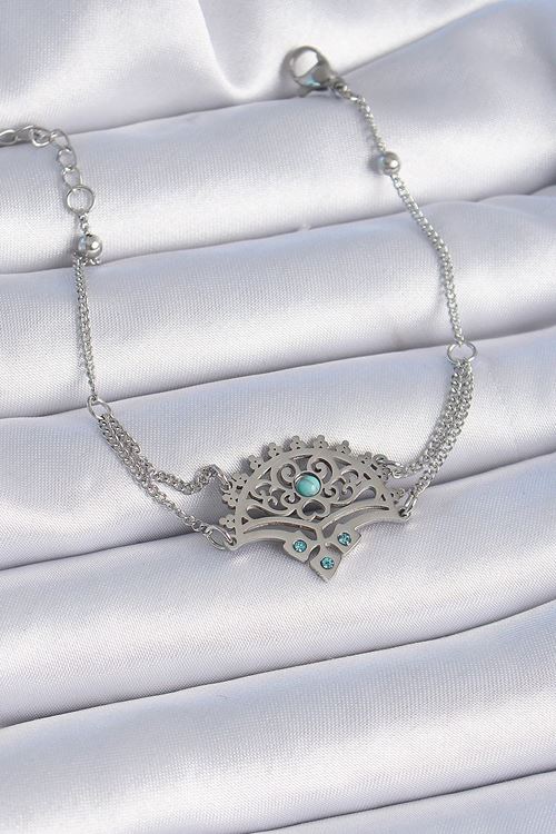 YRTCL 316L Çelik Gümüş Renk Mavi Taşlı Etnik Desen Kadın Bileklik