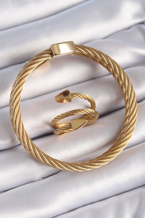 YRTCL 316L Çelik Gold Renk Sarmal Model Erkek Bileklik Yüzük Kombini