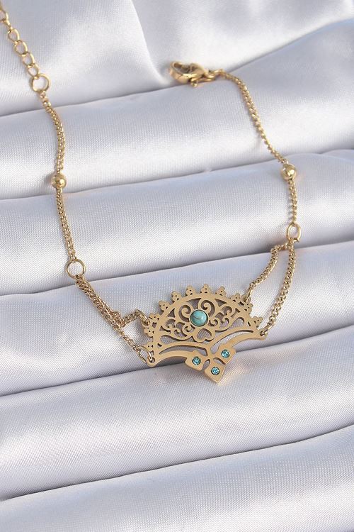 YRTCL 316L Çelik Gold Renk Mavi Taşlı Etnik Desen Kadın Bileklik