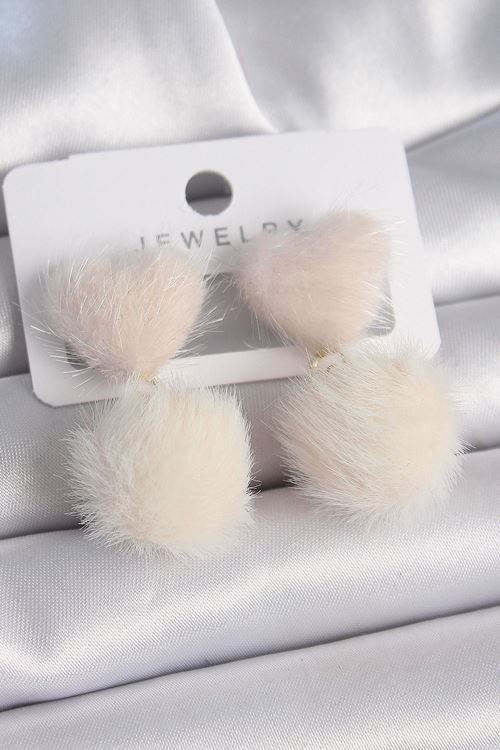 YRTCL Pembe Renk Tüylü Kalp Ponpon Model Kadın Küpe