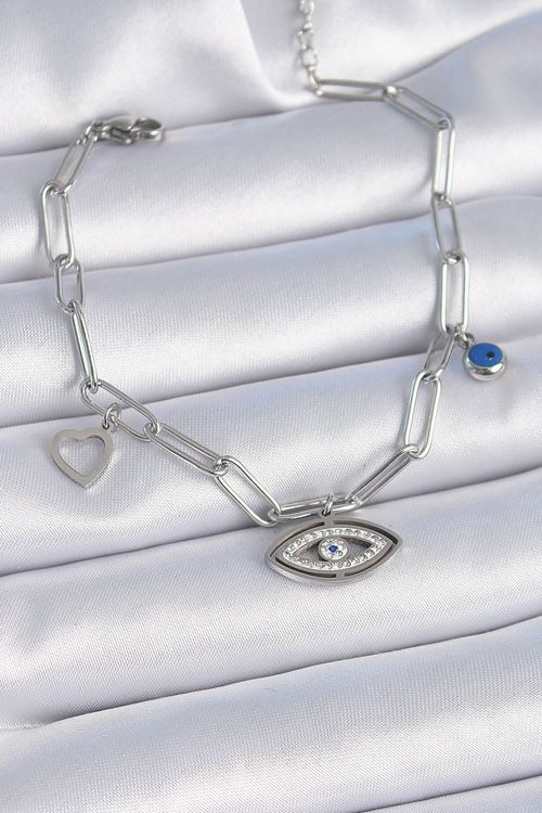 YRTCL 316L Çelik Gümüş Renk Zirkon Taşlı Göz Figür Kalp Detay Kadın Bileklik