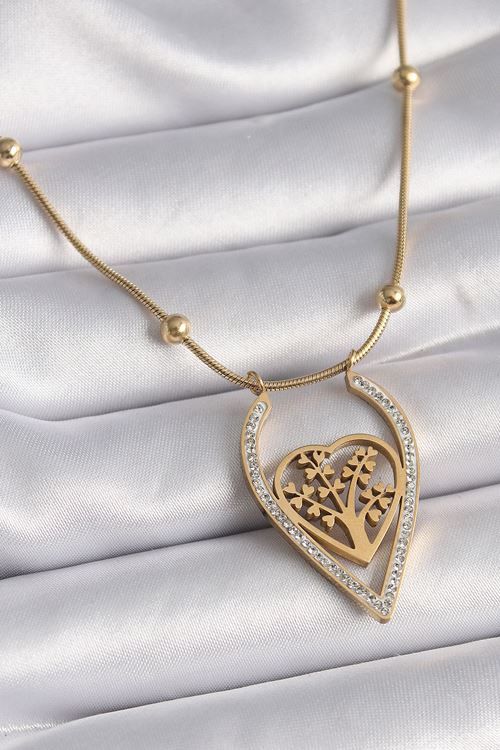 YRTCL 316L Çelik Gold Renk Zirkon Taşlı Detaylı Kalp Fidan Model Kadın Kolye