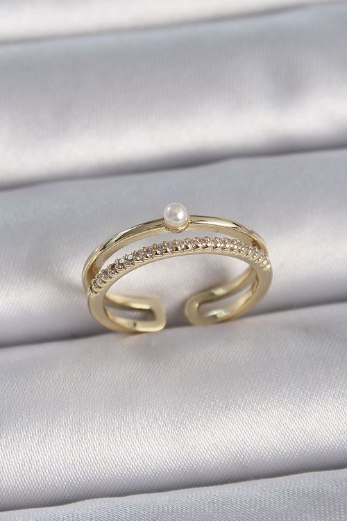 YRTCL Pirinç Gold Renk Zirkon Taşlı İnci Detay Ayarlanabilir Model Kadın Yüzük