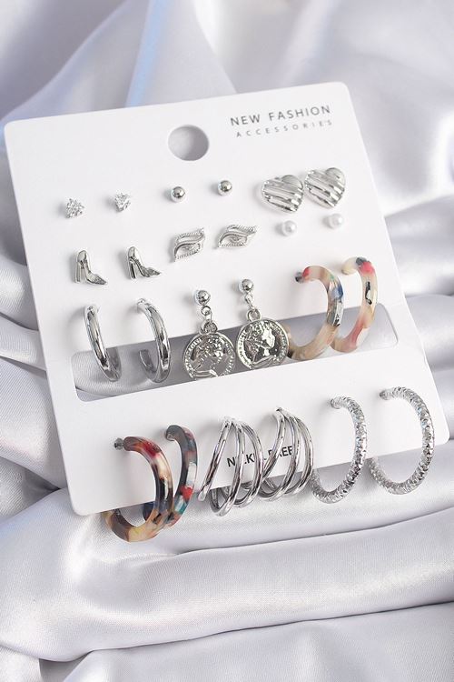 YRTCL Pirinç Gümüş Renk Zirkon Taş Detaylı 12 Çift Kadın Küpe