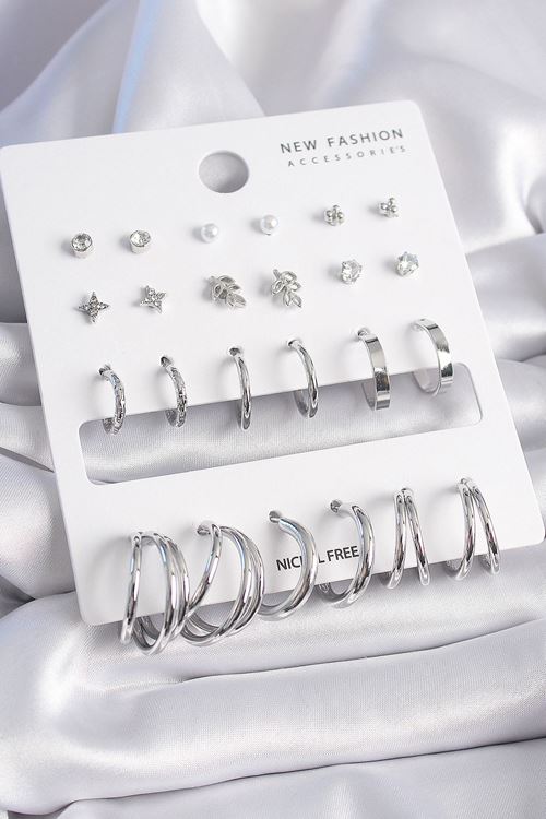 YRTCL Pirinç Gümüş Renk Zirkon Taşlı 12 Çift Küpe Seti