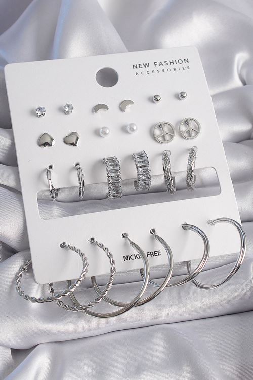 YRTCL Pirinç Gümüş Renk Zirkon Taşlı 12 Çift Kadın Küpe Seti