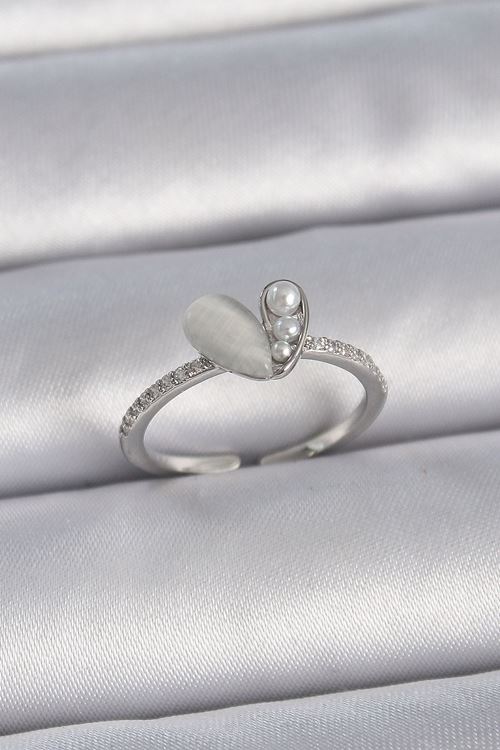 YRTCL Pirinç Gümüş Renk Ayarlanabilir Zirkon Taşlı İncili Beyaz Mineli Kalp Model Kadın Yüzük