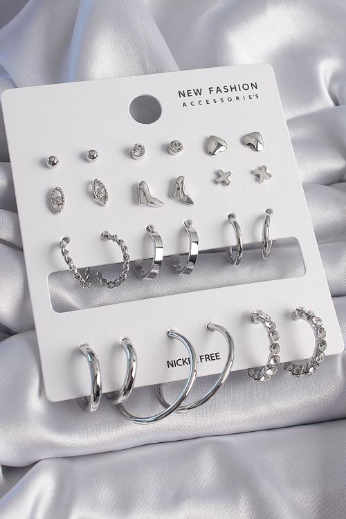 YRTCL Pirinç Gümüş Renk 12 Çift Kadın Küpe Seti