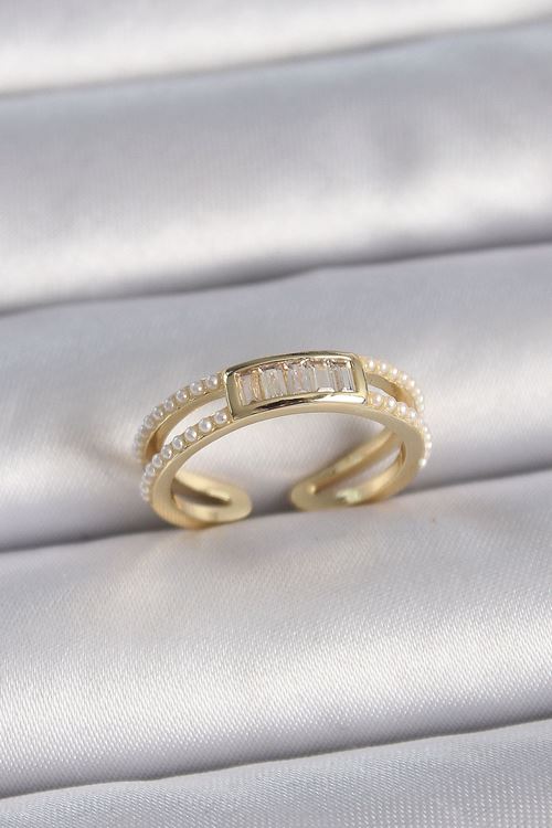 YRTCL Pirinç Gold Renk Ayarlanabilir Sıralı İncili Zirkon Taş Detaylı Kadın Yüzük