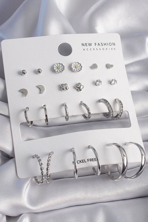 YRTCL Pirinç Gümüş Renk Papatya Detaylı 12 Çift Kadın Küpe Seti