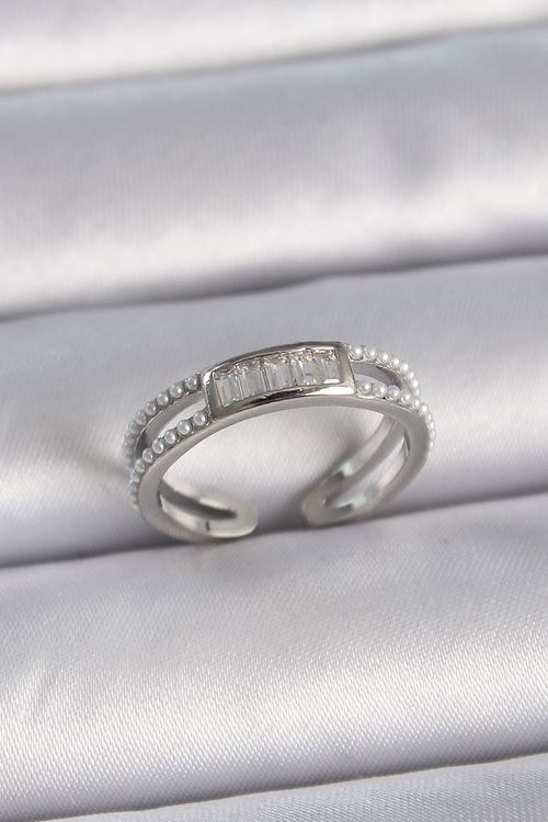 YRTCL Pirinç Gümüş Renk Ayarlanabilir Sıralı İncili Zirkon Taşlı Kadın Yüzük