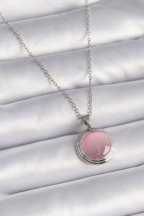 YRTCL 316L Çelik Gümüş Renk Daire Pembe Sedefli Model Kadın Kolye