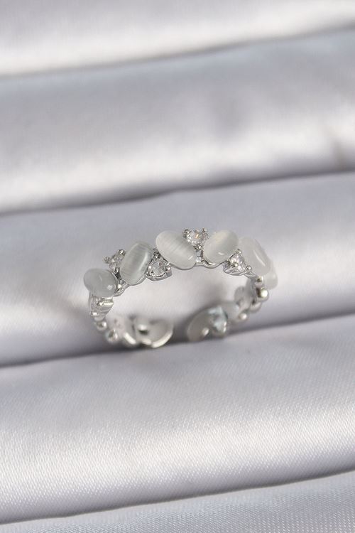 YRTCL Pirinç Gümüş Renk Ayarlanabilir Zirkon Taşlı Beyaz Mineli Model Kadın Yüzük