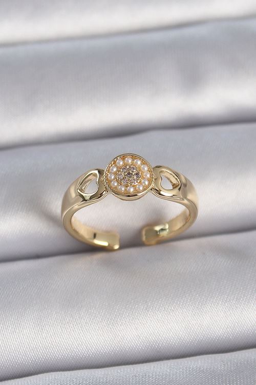 YRTCL Pirinç Gold Renk Zirkon Taşlı İncili Kalp İşleme Detay Ayarlanabilir Kadın Yüzük