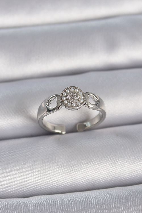 YRTCL Pirinç Gümüş Renk Zirkon Taşlı İncili Kalp İşleme Detay Ayarlanabilir Model Kadın Yüzük