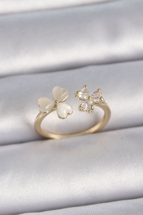 YRTCL Pirinç Gold Renk Ayarlanabilir Zirkon Taşlı Kalp Beyaz Mineli Model Kadın Yüzük