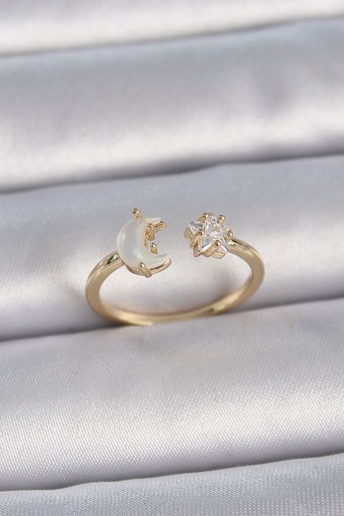 YRTCL Pirinç Gold Renk İncili Hilal Zirkon Taşlı Yıldız Ayarlanabilir Model Kadın Yüzük