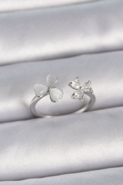 YRTCL Pirinç Gümüş Renk Ayarlanabilir Zirkon Taşlı Beyaz Mineli Kalp Model Kadın Yüzük