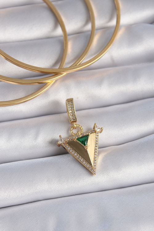 YRTCL Pirinç Gold Renk Zirkon Taşlı 3D Üçgen Model Ajda Charm