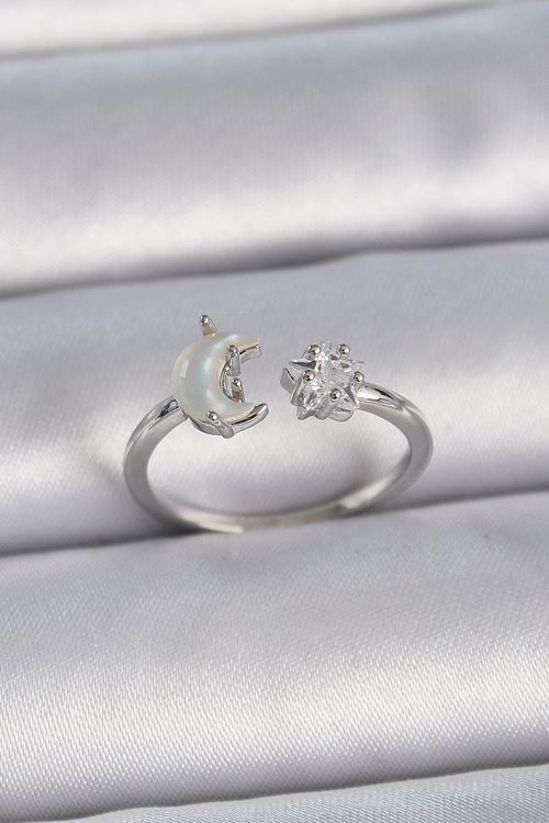 YRTCL Pirinç Gümüş Renk İncili Hilal Zirkon Taşlı Yıldız Ayarlanabilir Kadın Yüzük