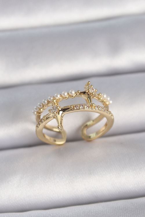 YRTCL Pirinç Gold Renk Ayarlanabilir Zirkon Taşlı İncili Yıldız Model Kadın Yüzük