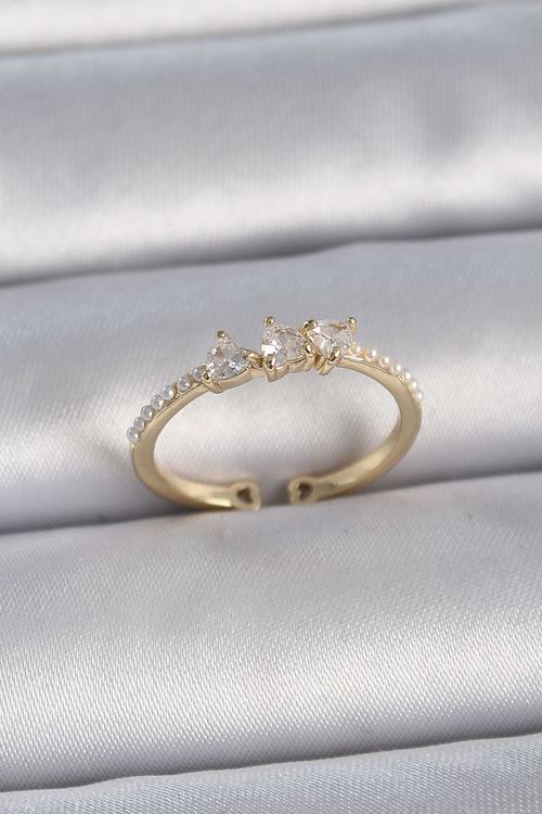 YRTCL Pirinç Gold Renk Zirkon Taşlı Kalp İnci Detaylı Ayarlanabilir Model Kadın Yüzük