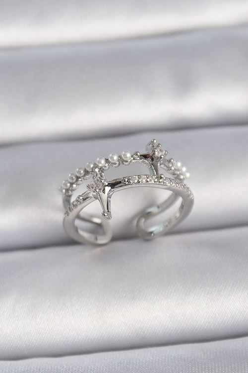 YRTCL Pirinç Gümüş Renk Ayarlanabilir Zirkon Taşlı Kutup Yıldız İnci Detay Kadın Yüzük