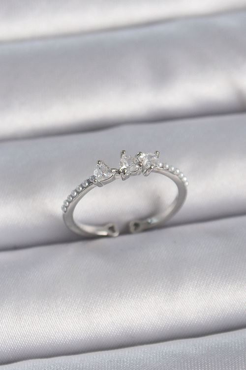 YRTCL Pirinç Gümüş Renk Zirkon Taşlı Kalp İnci Detay Ayarlanabilir Model Kadın Yüzük