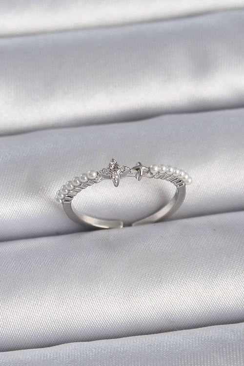 YRTCL Pirinç Gümüş Renk Zirkon Taşlı Sıralı İnci Ayarlanabilir Model Kadın Yüzük