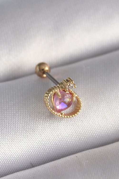 YRTCL 316L Çelik Gold Renk Pembe Mineli Kalp Zirkon Taş Detay Tragus Piercing
