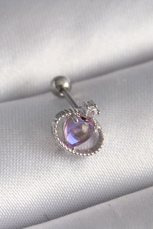 YRTCL 316L Çelik Gümüş Renk Mor Mineli Kalp Zirkon Taş Detay Tragus Piercing
